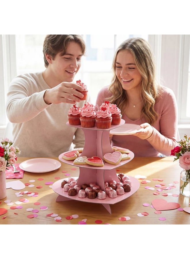 Willinglong 2 Pcs Heart Cupcake Stand 3 Tier Pink Dessert Tower Display Cardboard Cupcake Stand Cake Holder Decoration for Birthday Weddings Party Supplies(Heart) - Image 3
