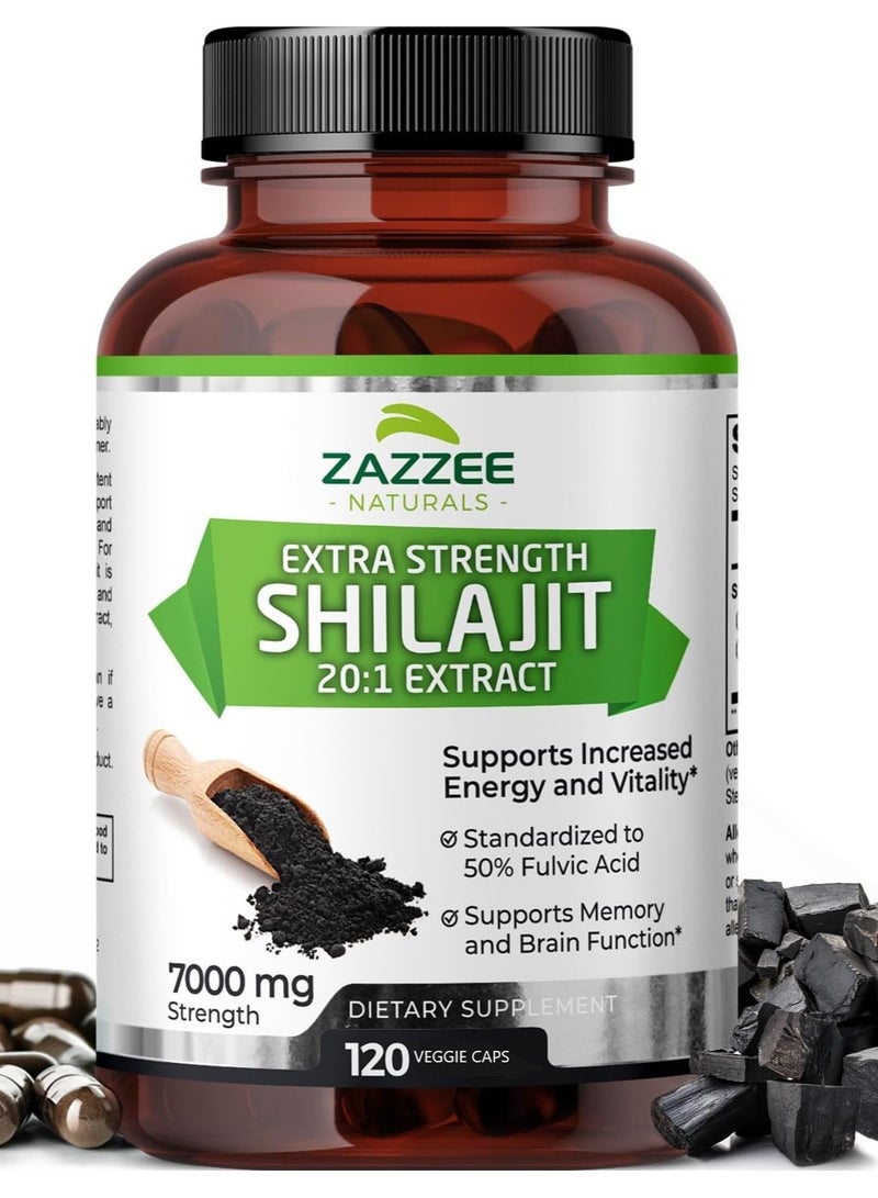 Zazzee Shilajit 20:1 Extract, 7000mg Strength, 120 Veggie Caps - Image 1