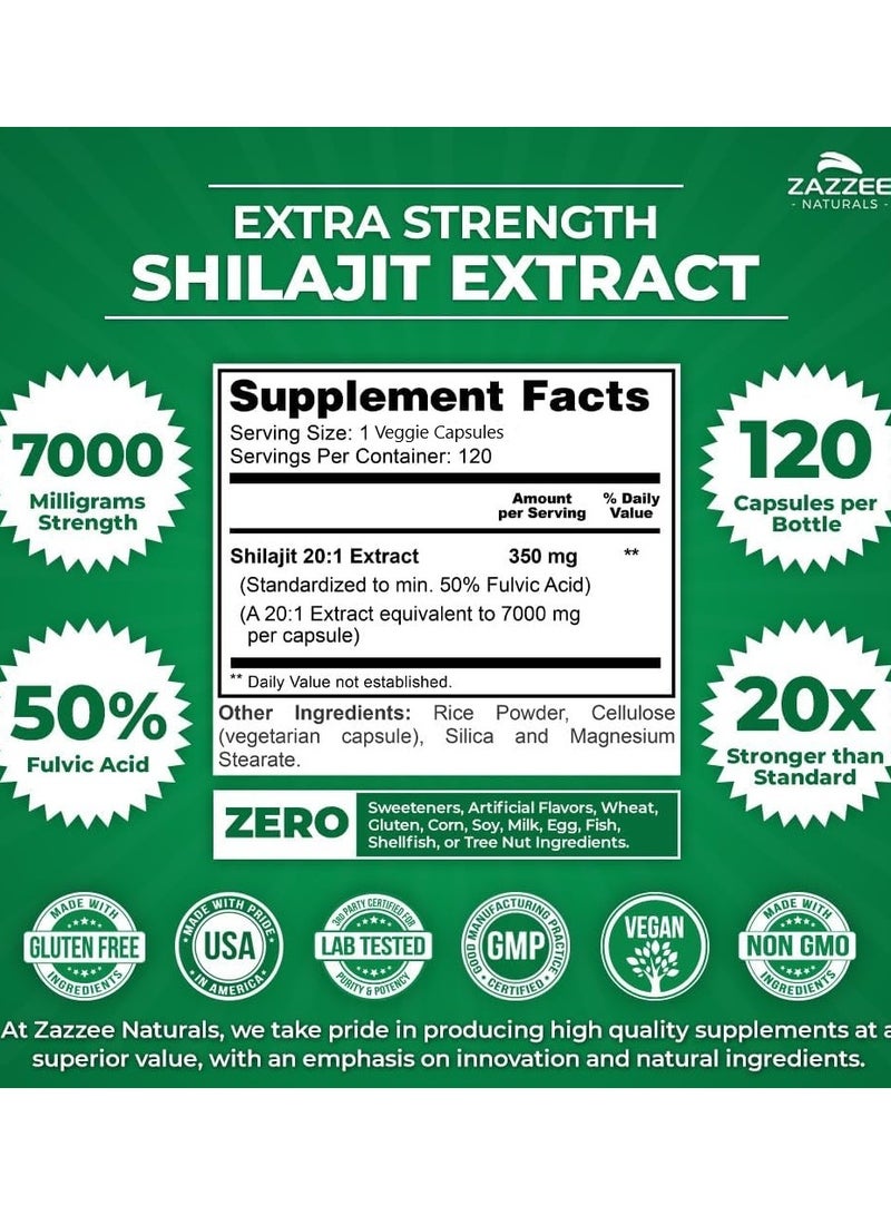 Zazzee Shilajit 20:1 Extract, 7000mg Strength, 120 Veggie Caps - Image 2