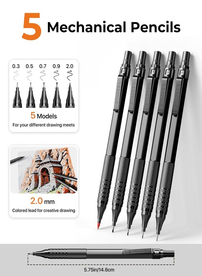 STAGEEK Metal Mechanical Pencil Set in Leather Case, 5PCS Art Drafting Pencil 0.3, 0.5, 0.7, 0.9 & 2mm Lead Holder, 9 Tube (4B 2B HB 2H Colors) Lead Refills for Drawing, Sketching, Writing (Black) - Image 3
