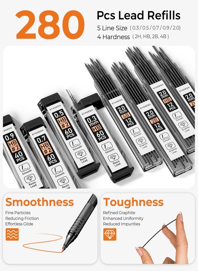STAGEEK Metal Mechanical Pencil Set in Leather Case, 5PCS Art Drafting Pencil 0.3, 0.5, 0.7, 0.9 & 2mm Lead Holder, 9 Tube (4B 2B HB 2H Colors) Lead Refills for Drawing, Sketching, Writing (Black) - Image 4