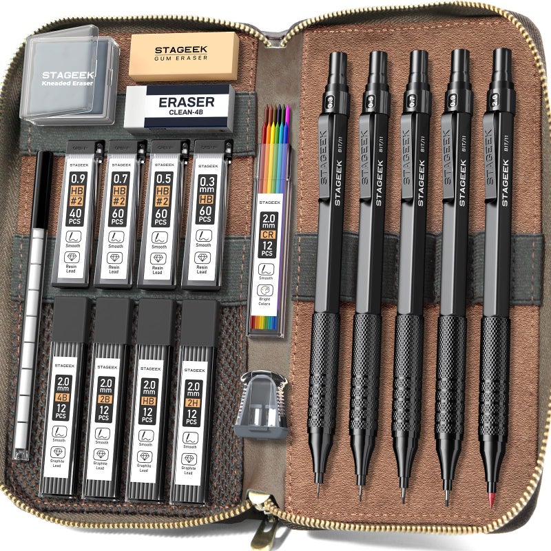 STAGEEK Metal Mechanical Pencil Set in Leather Case, 5PCS Art Drafting Pencil 0.3, 0.5, 0.7, 0.9 & 2mm Lead Holder, 9 Tube (4B 2B HB 2H Colors) Lead Refills for Drawing, Sketching, Writing (Black) - Image 1
