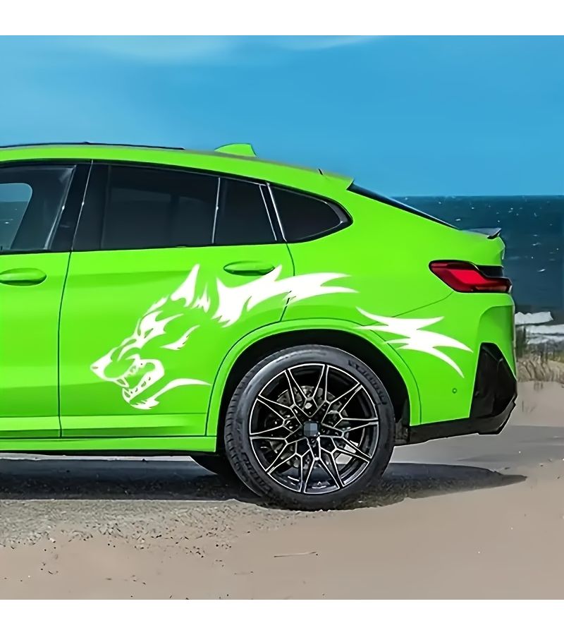 2 Pcs Wolf Totem Car Stickers Universal Side Door Vinyl Decals White Tribal Tattoo Set Cartoon Animal Sports Theme Self Adhesive Glossy Irregular Shape - Image 3