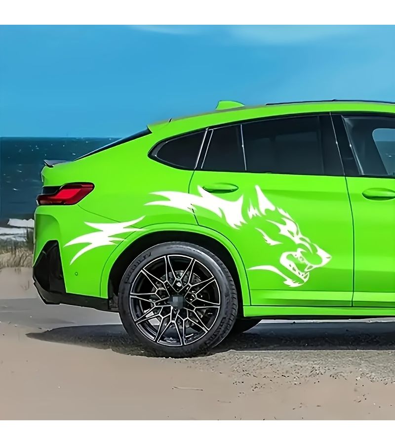 2 Pcs Wolf Totem Car Stickers Universal Side Door Vinyl Decals White Tribal Tattoo Set Cartoon Animal Sports Theme Self Adhesive Glossy Irregular Shape - Image 4