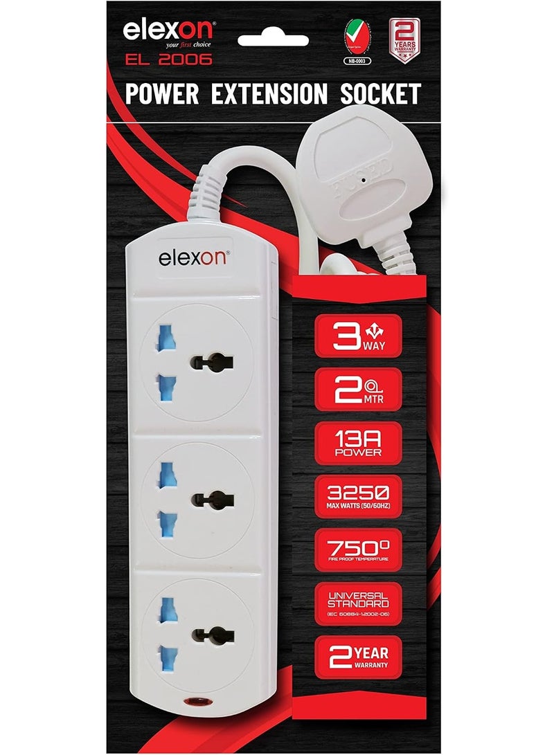 elexon 3Way Power Extension Socket 2M Universal Socket With Surge Protector 13A - Image 2