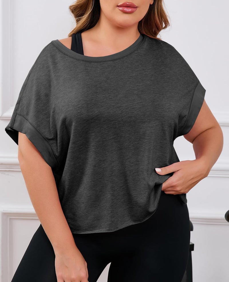 Fisoew Womens Plus Size Open Back Workout Tops Backless Short Sleeve Athletic Shirt Running Crop Top Gym Yoga T-Shirt Dark Grey - Image 3