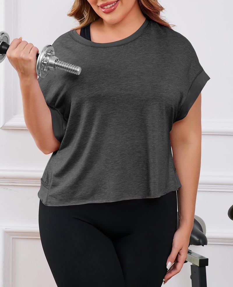 Fisoew Womens Plus Size Open Back Workout Tops Backless Short Sleeve Athletic Shirt Running Crop Top Gym Yoga T-Shirt Dark Grey - Image 2
