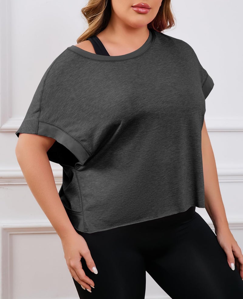Fisoew Womens Plus Size Open Back Workout Tops Backless Short Sleeve Athletic Shirt Running Crop Top Gym Yoga T-Shirt Dark Grey - Image 4