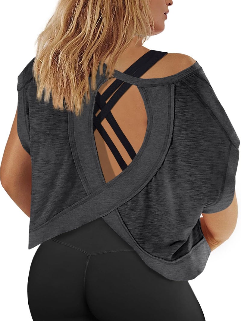 Fisoew Womens Plus Size Open Back Workout Tops Backless Short Sleeve Athletic Shirt Running Crop Top Gym Yoga T-Shirt Dark Grey - Image 1