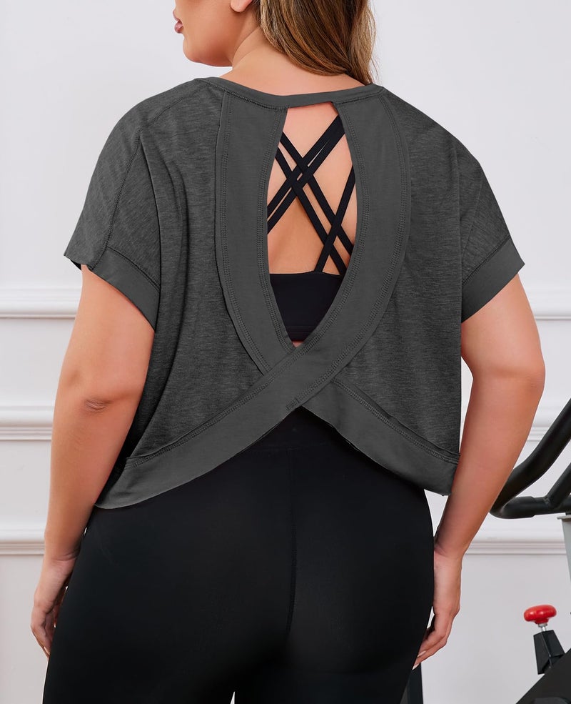 Fisoew Womens Plus Size Open Back Workout Tops Backless Short Sleeve Athletic Shirt Running Crop Top Gym Yoga T-Shirt Dark Grey - Image 5