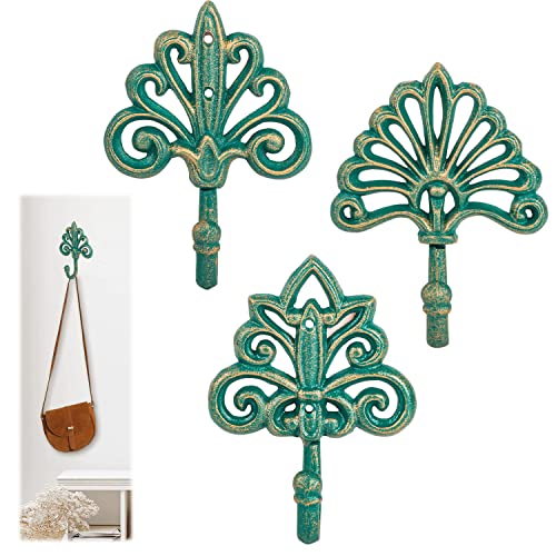 Sungmor Set of 3 Decorative Cast Iron Wall Hooks – Vintage Ornate Design with Antique Teal Finish – Heavy Duty Rustic Wall Hangers for Entryway, Bathroom, Kitchen, or Bedroom Decor - Image 2