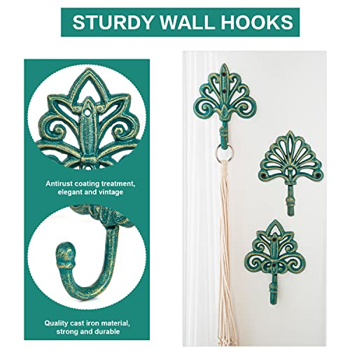 Sungmor Set of 3 Decorative Cast Iron Wall Hooks – Vintage Ornate Design with Antique Teal Finish – Heavy Duty Rustic Wall Hangers for Entryway, Bathroom, Kitchen, or Bedroom Decor - Image 4