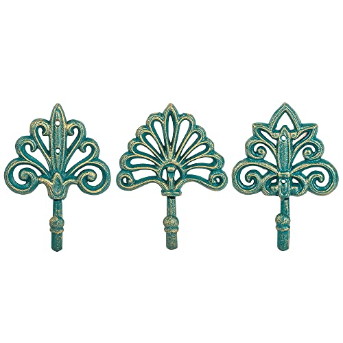 Sungmor Set of 3 Decorative Cast Iron Wall Hooks – Vintage Ornate Design with Antique Teal Finish – Heavy Duty Rustic Wall Hangers for Entryway, Bathroom, Kitchen, or Bedroom Decor - Image 1