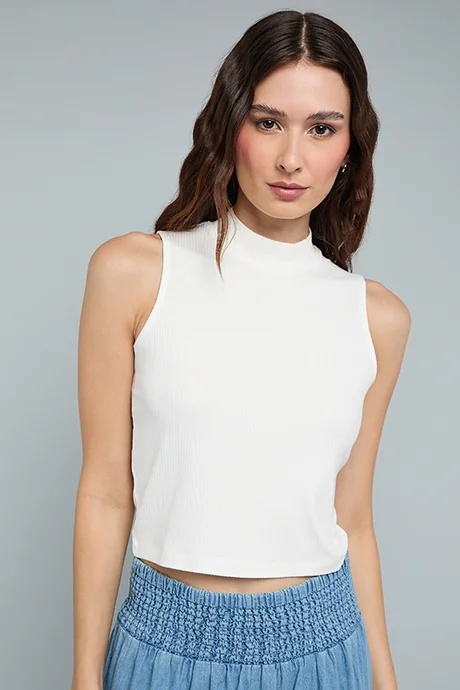 أر أند بي Ribbed Sleeveless Top with High Neck