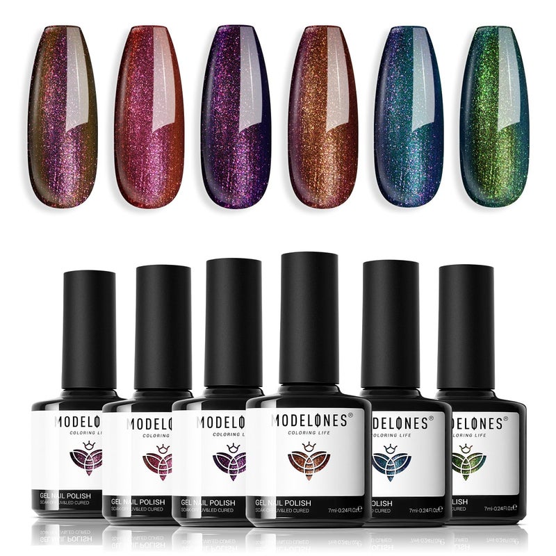 modelones Chameleon Gel Nail Polish Set - 6 Colors Fall Winter Aurora Gel Polish Kit Blue Green Purple Red Brown Glitter Gel Polish Soak Off LED Nail Lamp Gel Nail Kit Home Gift DIY Salon for Women - Image 1