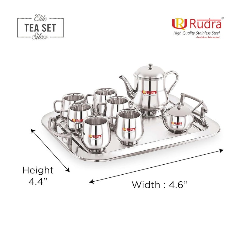 Rudra Stainless Steel Tea Set Silver Kettle Cups Microwave Safe Hot Cold Drink Premium Coffee Mug Set Elegant Gift for Diwali Birthday Anniversary Housewarming Family Use - Image 2