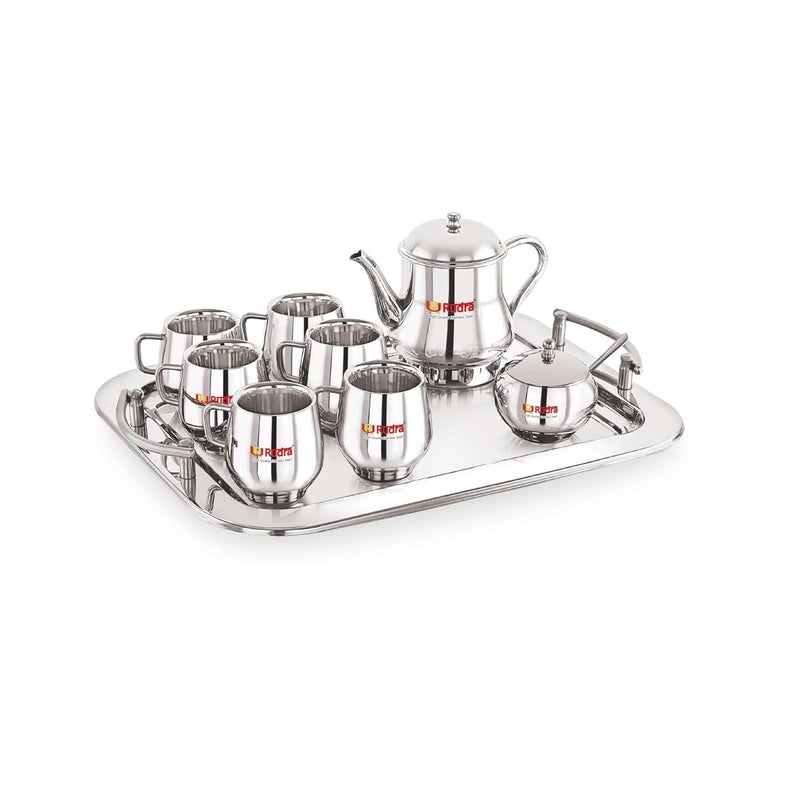 Rudra Stainless Steel Tea Set Silver Kettle Cups Microwave Safe Hot Cold Drink Premium Coffee Mug Set Elegant Gift for Diwali Birthday Anniversary Housewarming Family Use - Image 1