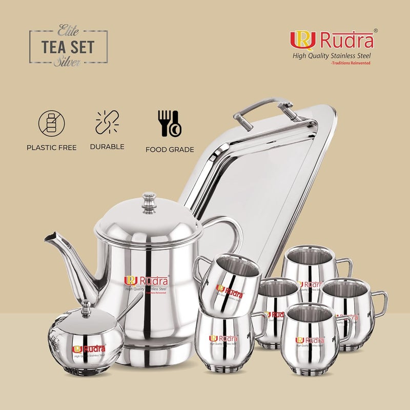 Rudra Stainless Steel Tea Set Silver Kettle Cups Microwave Safe Hot Cold Drink Premium Coffee Mug Set Elegant Gift for Diwali Birthday Anniversary Housewarming Family Use - Image 5