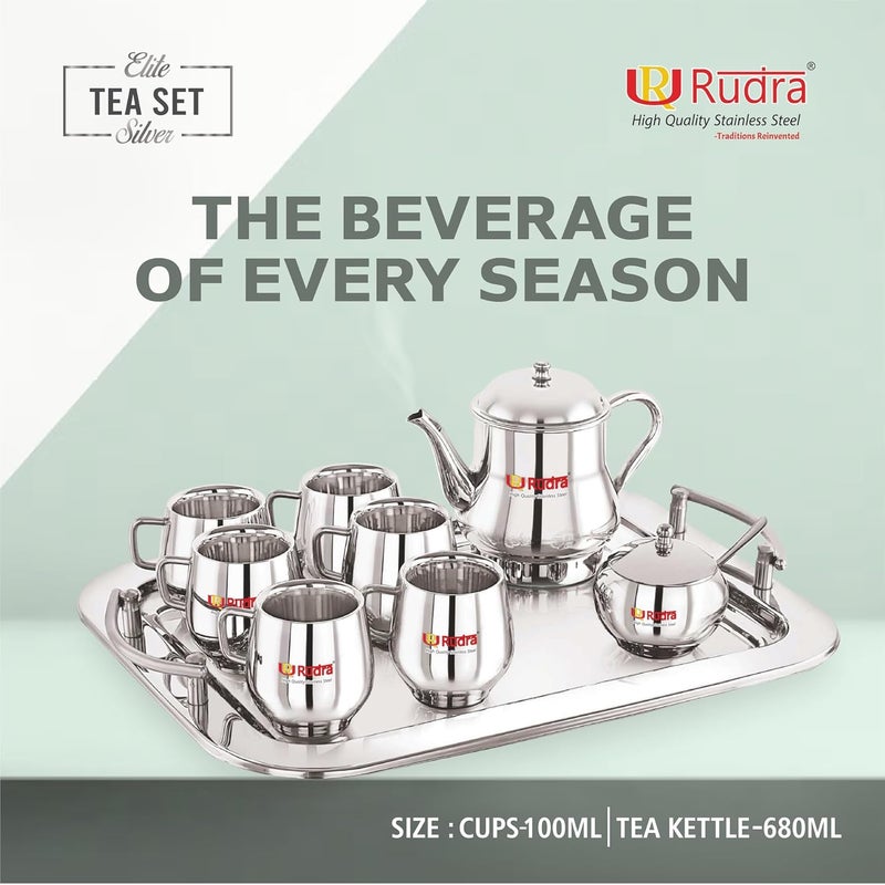 Rudra Stainless Steel Tea Set Silver Kettle Cups Microwave Safe Hot Cold Drink Premium Coffee Mug Set Elegant Gift for Diwali Birthday Anniversary Housewarming Family Use - Image 4