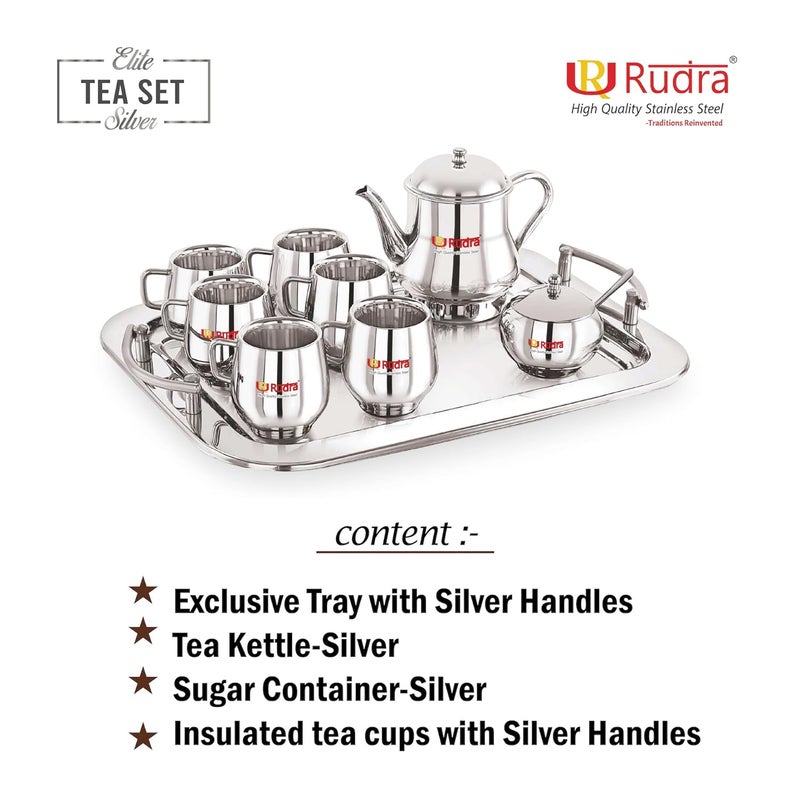 Rudra Stainless Steel Tea Set Silver Kettle Cups Microwave Safe Hot Cold Drink Premium Coffee Mug Set Elegant Gift for Diwali Birthday Anniversary Housewarming Family Use - Image 3