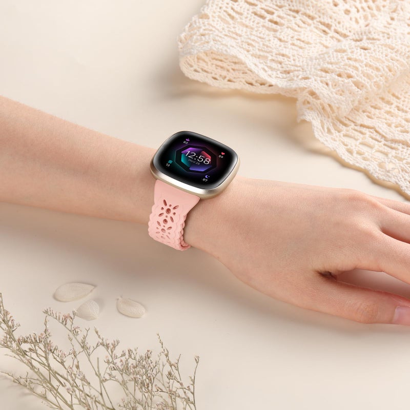 Dirrelo 4 Pack Hollow-out Band Compatible for Fitbit Versa 3/Versa 4/Fitbit Sense 2/Sense Bands Women,Soft Thin Lace Silicone Strap Replacement Wristbands Accessories for Versa 3 4/Sense 2/Sense Watch - Image 5