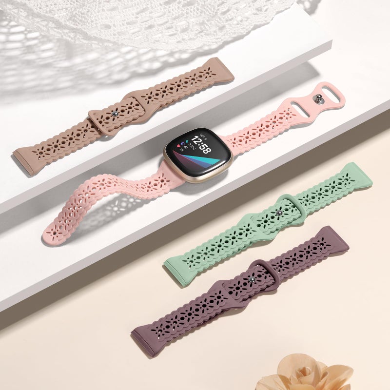 Dirrelo 4 Pack Hollow-out Band Compatible for Fitbit Versa 3/Versa 4/Fitbit Sense 2/Sense Bands Women,Soft Thin Lace Silicone Strap Replacement Wristbands Accessories for Versa 3 4/Sense 2/Sense Watch - Image 3