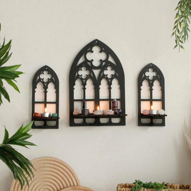 Artilady Crystal Display Shelf - 3 PCS Cute Window Shaped Floating Shelves for Wall Bedroom, Black Witchy Room Decor, Gothic Halloween Wall Decor for Home - Image 1
