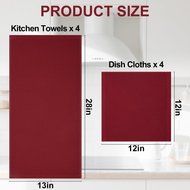 Homaxy 100% Cotton Kitchen Towels and Dishcloths Set, 12 x 12 Inches and 13 x 28 Inches, Set of 8 Bulk Kitchen Towels Set, Ultra Soft Absorbent Dish Cloths for Washing Dishes, Burgundy - Image 4