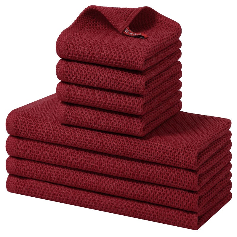 Homaxy 100% Cotton Kitchen Towels and Dishcloths Set, 12 x 12 Inches and 13 x 28 Inches, Set of 8 Bulk Kitchen Towels Set, Ultra Soft Absorbent Dish Cloths for Washing Dishes, Burgundy - Image 1
