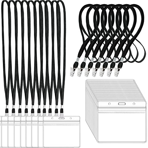 LOCONHA 100Pcs Clear Plastic Horizontal Name Tags Badge ID Card Holders and 100Pcs Black Lanyards with Clip lanyards for id Badges (Black) - Image 1