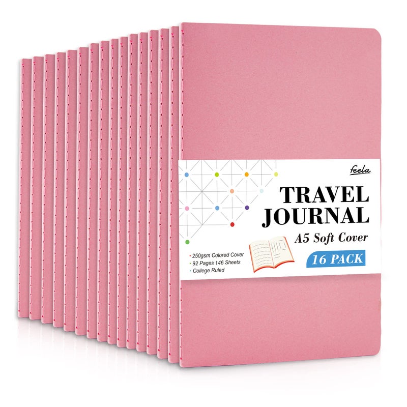 feela 16 Pack Soft Cover Journal Bulk, Lined Notebooks College Ruled for Work for Women Girl Writing, Blank Travel Journal Note Taking Notebook School Business Supplies, 8.2â€ x 5.5â€, A5, Pink - Image 1