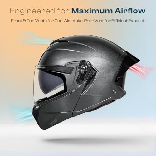 STUDDS Trooper ISI and DOT Certified Gloss Finish Flip-up Full Face Helmet for Men and Women with Inner Sun Visor (Gun Grey L) - Image 3