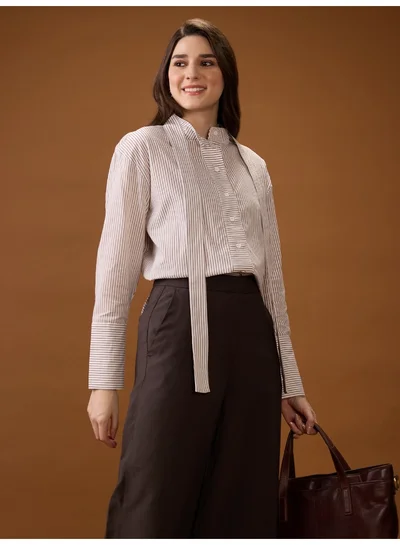 globus Women Brown Mandarin Collar Cuffed Sleeves Striped Tie Detail High-Low Hem Workwear Shirt