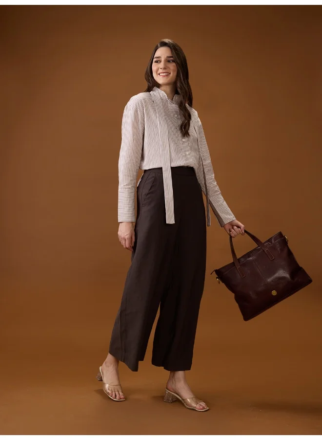 globus Women Brown Mandarin Collar Cuffed Sleeves Striped Tie Detail High-Low Hem Workwear Shirt