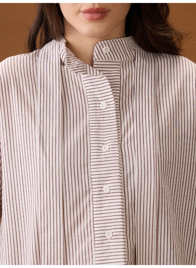 globus Women Brown Mandarin Collar Cuffed Sleeves Striped Tie Detail High-Low Hem Workwear Shirt