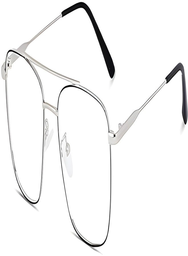 Roshfort Eyewear Zero Power Blue Cut & Antiglare Computer Square Eyeglasses | Men & Women | Medium - Pack Of 1 (Italic Silver Black) - Image 1