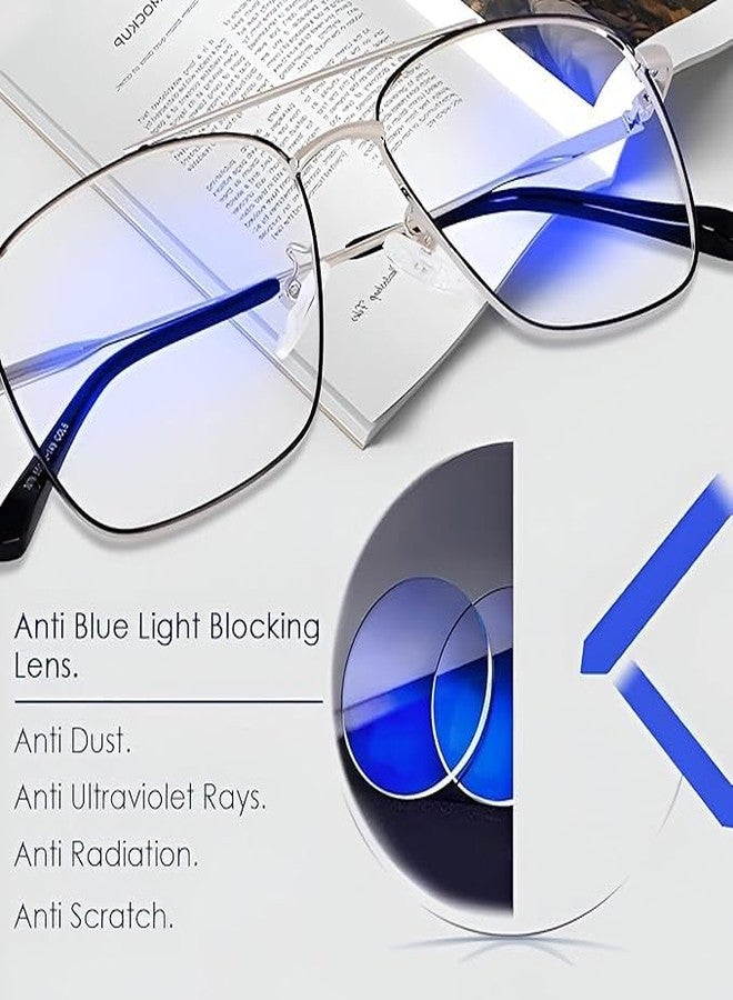 Roshfort Eyewear Zero Power Blue Cut & Antiglare Computer Square Eyeglasses | Men & Women | Medium - Pack Of 1 (Italic Silver Black) - Image 4