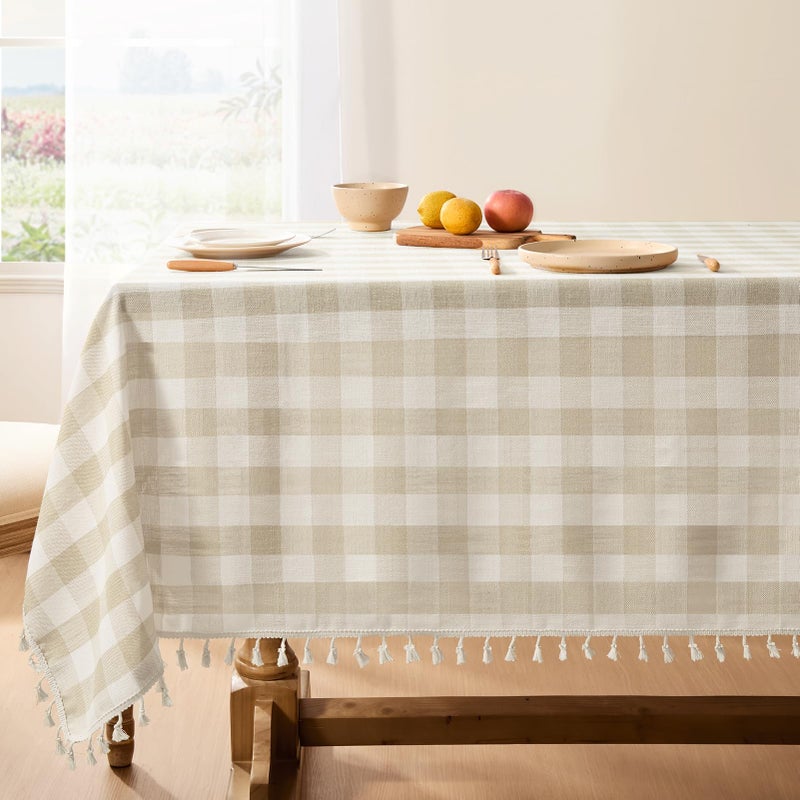 Softalker Checkered Tablecloth Rectangle Outdoor Linen Cotton Gingham Table Cloth with Tassel Heavy Duty Wrinkle Free Buffalo Plaid Table Cover for Kitchen Dining Summer Party 55 x 84 Inch Beige - Image 2