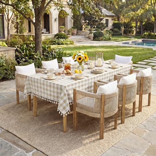 Softalker Checkered Tablecloth Rectangle Outdoor Linen Cotton Gingham Table Cloth with Tassel Heavy Duty Wrinkle Free Buffalo Plaid Table Cover for Kitchen Dining Summer Party 55 x 84 Inch Beige - Image 3