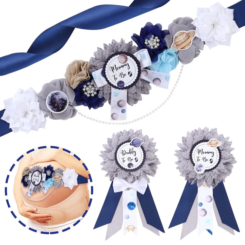 Fangleland Space Baby Shower Sash  Mom to Be Maternity Flower Belly Belt with Dad to Be Corsage Pin Kit Galaxy Star Baby Shower Decorations for Universe Gender Reveal Photo Props New Parents Keepsake - Image 1