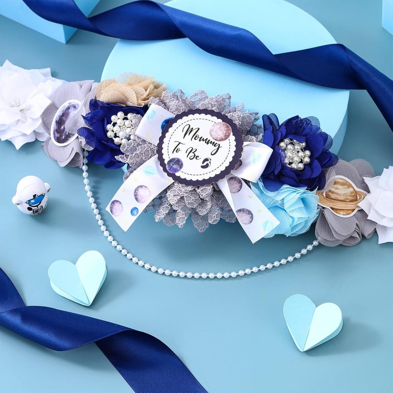 Fangleland Space Baby Shower Sash  Mom to Be Maternity Flower Belly Belt with Dad to Be Corsage Pin Kit Galaxy Star Baby Shower Decorations for Universe Gender Reveal Photo Props New Parents Keepsake - Image 2