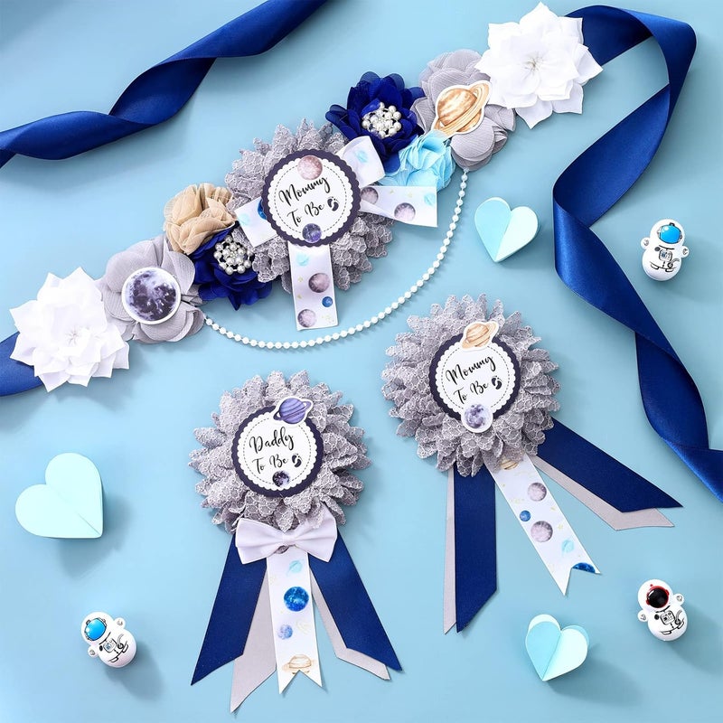 Fangleland Space Baby Shower Sash  Mom to Be Maternity Flower Belly Belt with Dad to Be Corsage Pin Kit Galaxy Star Baby Shower Decorations for Universe Gender Reveal Photo Props New Parents Keepsake - Image 4