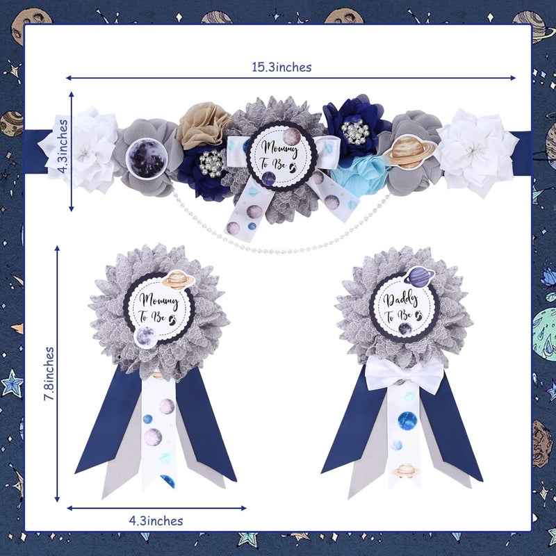 Fangleland Space Baby Shower Sash  Mom to Be Maternity Flower Belly Belt with Dad to Be Corsage Pin Kit Galaxy Star Baby Shower Decorations for Universe Gender Reveal Photo Props New Parents Keepsake - Image 3