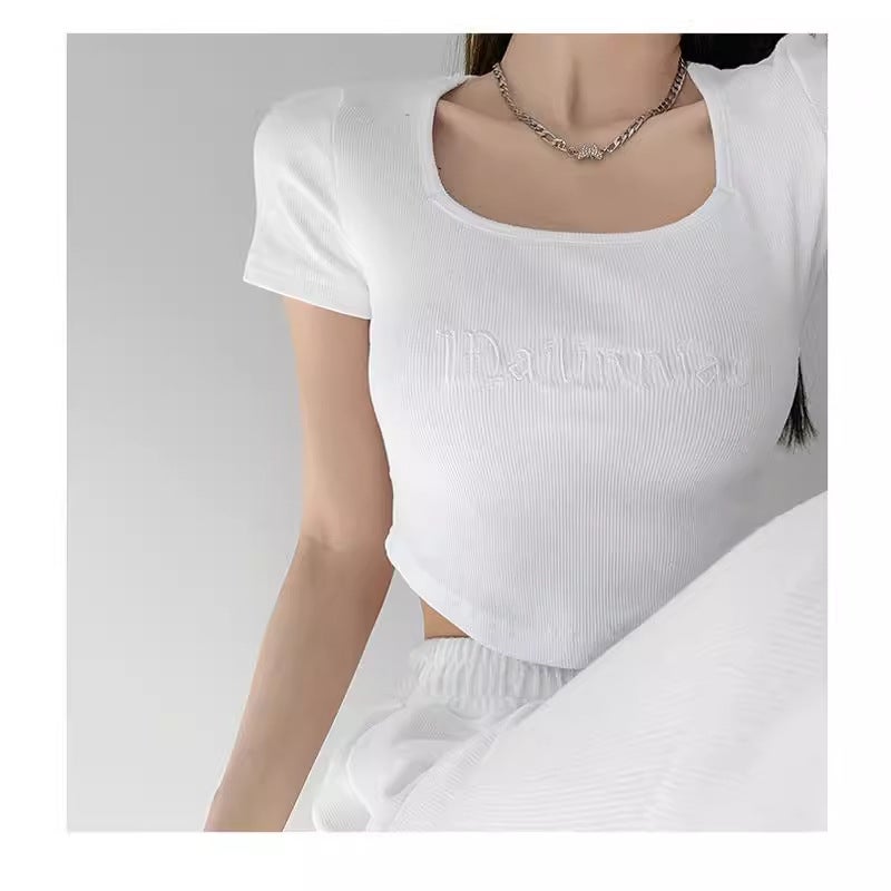 American Style Retro Letter Embroidered Slim-Fit Base Shirt Square Collar Short Clavicle Short-Sleeved T-Shirt Navel High Waist Top 843-Blue  - Image 5