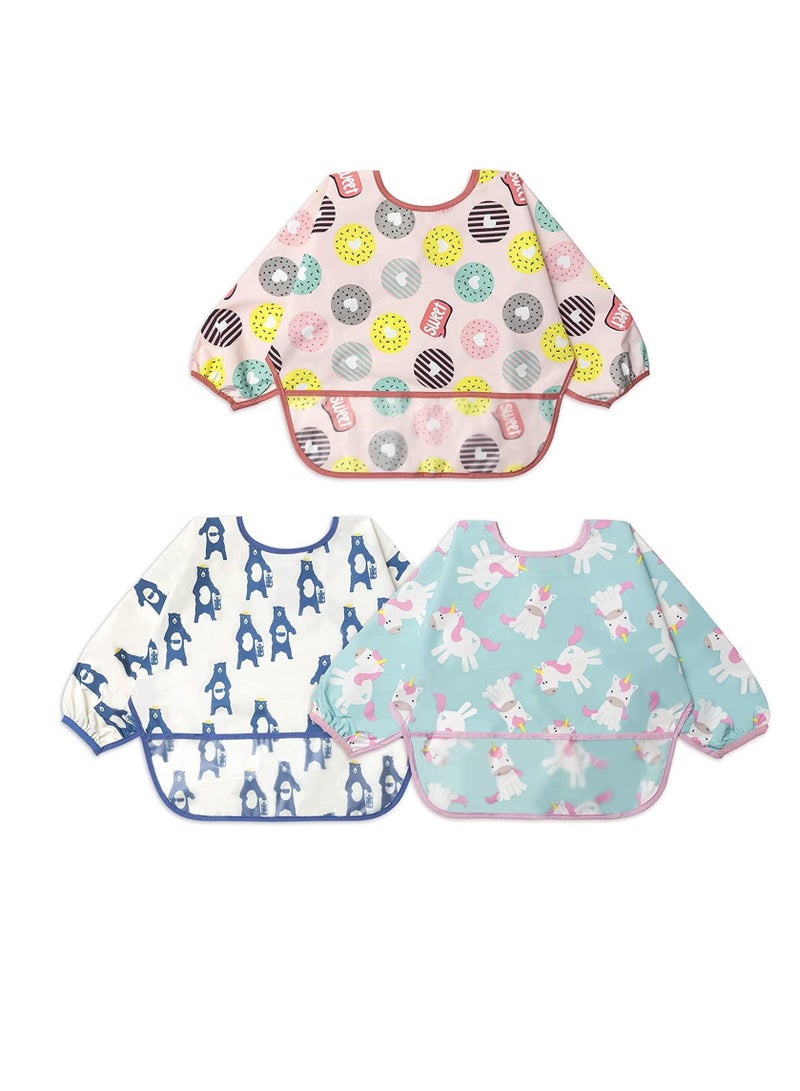 SYOSI Long Sleeve Baby Bibs, Unisex Waterproof Baby Smock Feeding Apron Set for 6-24 Months Infant Child Toddler 3 Pack