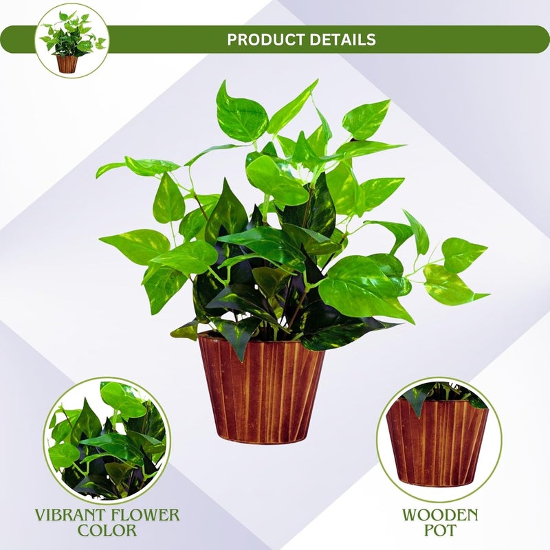 fancymart Artificial Money Plant Leaves in Wood Pot Pefect Decoration for Home & Office Space - Image 2