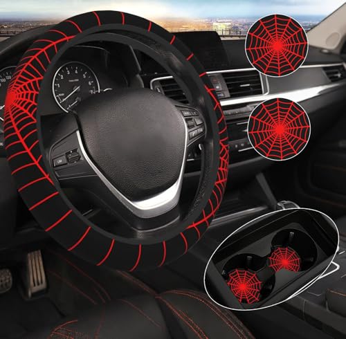 DHUENIOPE Black Spider Web Steering Wheel Cover with 2PCS Car Coasters Auto Steering Wheel Protector AntiSlip Breathable 15 Inch Car Accessories Black - Image 1