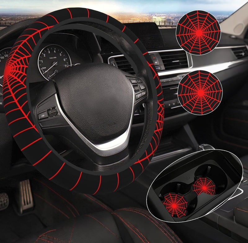 DHUENIOPE Black Spider Web Steering Wheel Cover with 2PCS Car Coasters Auto Steering Wheel Protector AntiSlip Breathable 15 Inch Car Accessories Black - Image 3