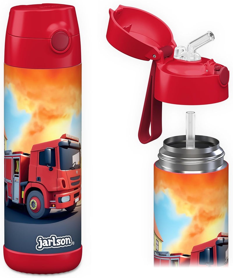 Jarlson قارورة شرب أطفال جارلسون® الفولاذية المقاومة للصدأ شارلي [مع قشة] - ترمس مقاوم للتسرب - قارونة حرارية - قارورة مياه للأطفال - قارورة شرب حرارية للمدرسة والحضانة (500 مل، نار - Image 1