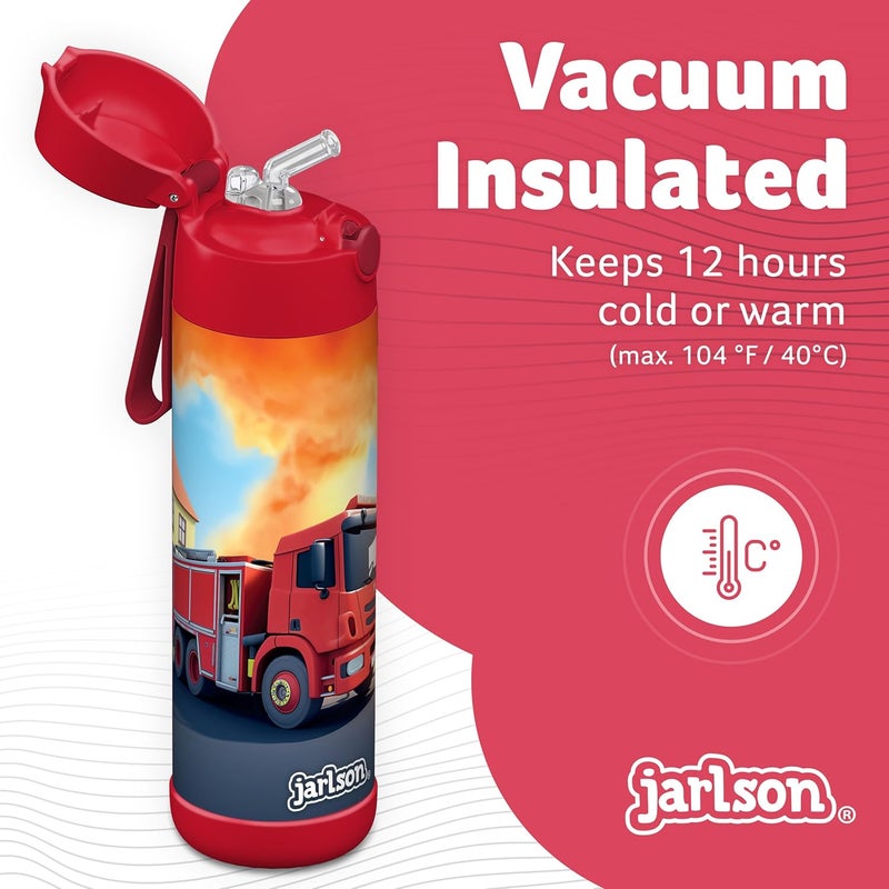 Jarlson قارورة شرب أطفال جارلسون® الفولاذية المقاومة للصدأ شارلي [مع قشة] - ترمس مقاوم للتسرب - قارونة حرارية - قارورة مياه للأطفال - قارورة شرب حرارية للمدرسة والحضانة (500 مل، نار - Image 2